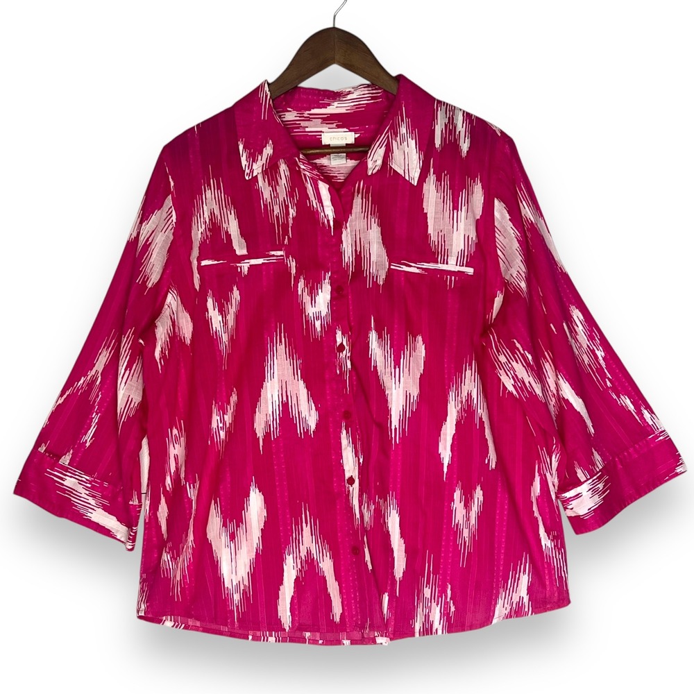Chico's‎ Button Up Top 3/4 Sleeve Pink White Print 100% Cotton Western Size 3 XL
